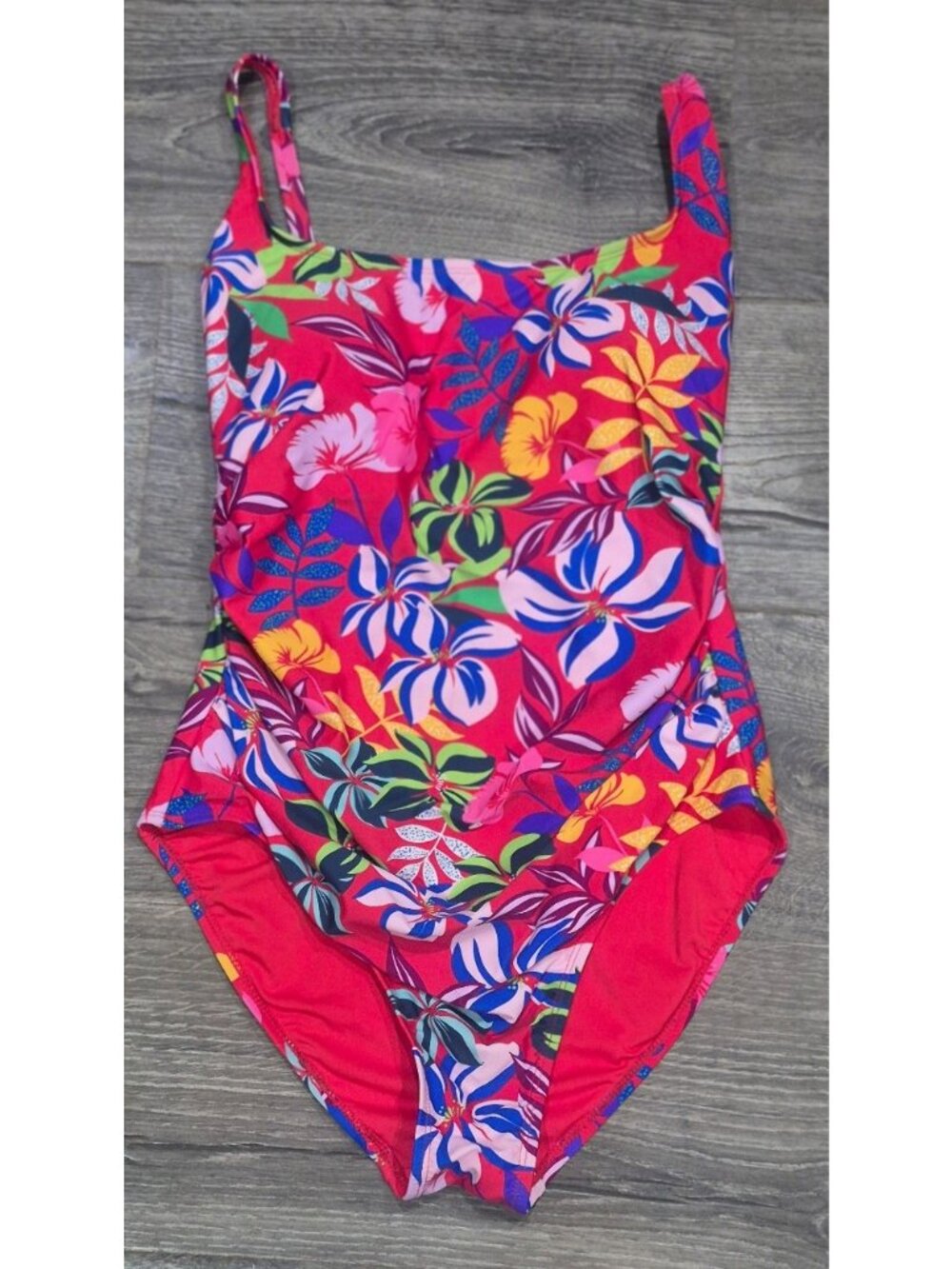 Carribean Joe Red Hawaiian Floral Ruched One-Piece Bathingsuit Women's Size 12